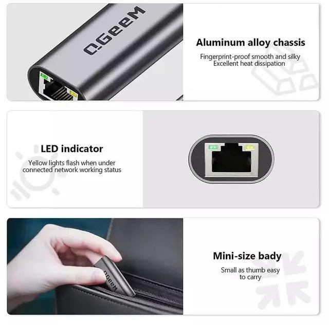 Alt view image 11 of 12 - QGeeM USB Type C to Ethernet Gigabit Adapter Thunderbolt 3 to RJ45 LAN Network Portable Cable USB C to Ethernet Adapter