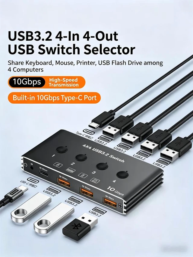 Alt view image 2 of 7 - 4x4 USB 3.2 Switcher Selector for 4 Computers, USB C A 10Gbps Inputs, Share Keyboard Mouse Printer Scanner, with Cable, Remote Control and Adapter-EX40-A-1-BK