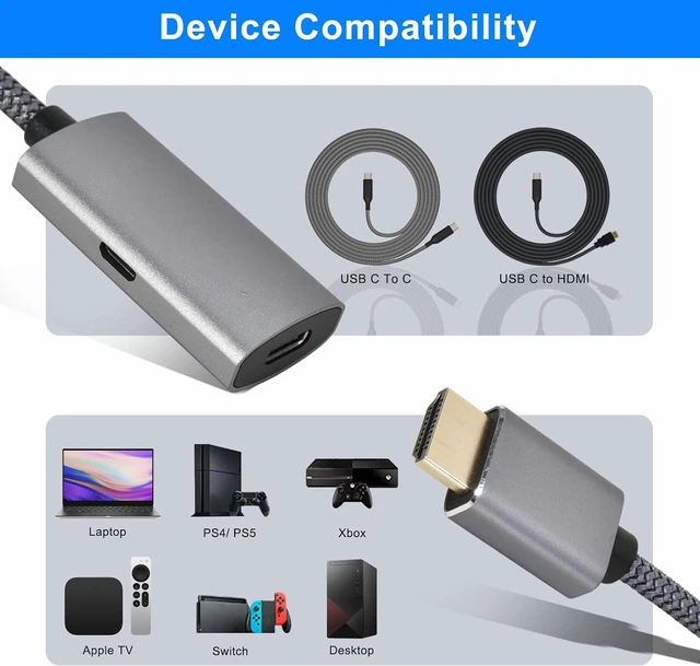 Alt view image 4 of 6 - HDMI Male to USB-C Female Cable Adapter with USB C Power Cable,Uni-Directional HDMI (source) to Type C 3.1 (display) Converter,4K 60Hz Thunderbolt 3 Adapter for MacBook Pro-UA30-B