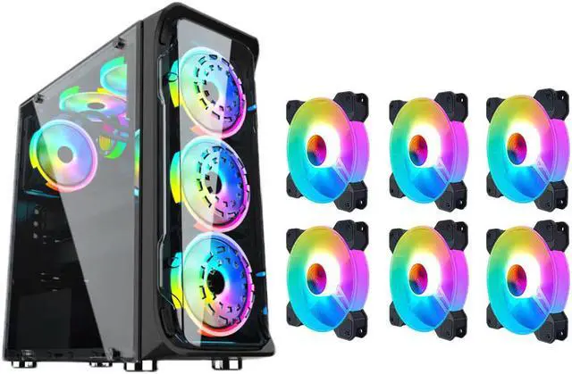 Main image of Black computer gaming case includes 6 120mm fans, water cooling system gaming case, USB 3.0 tempered glass case