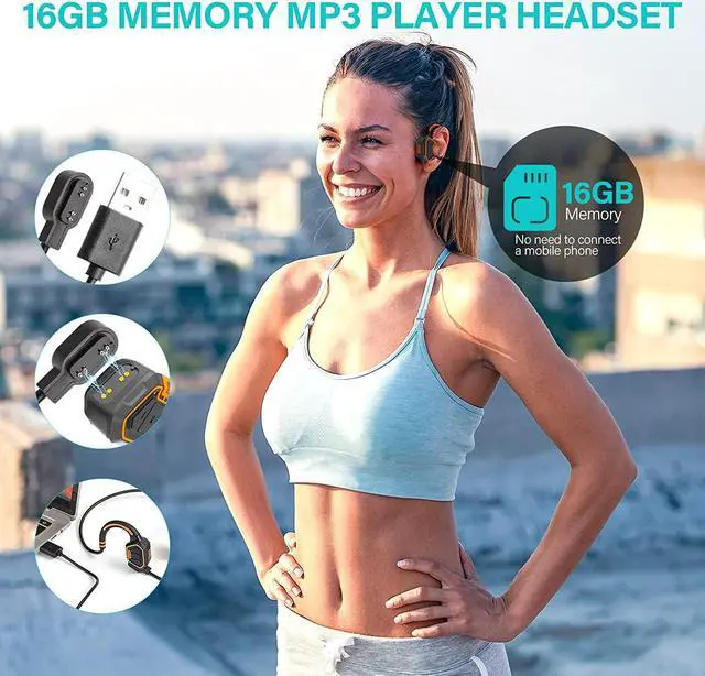 Alt view image 3 of 7 - Open Ear Headphones,Wireless Bone Conduction Headset Bluetooth 5.1 with Mic - MP3 Play Built-in 16G Memory,IP68 Waterproof Sweatproof - Music Answer Phone Call for Swimming Skiing Driving Bicycling
