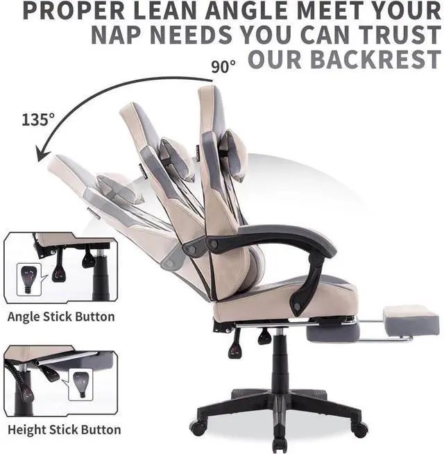 Alt view image 2 of 7 - Gaming Chair with Footrest,High Back Gaming Chairs PVC Leather Ergonomic Office Gamer Chair Adjustable Headrest Lumbar Support Racing Style Video Gaming Chair for Office/Home (Grey)