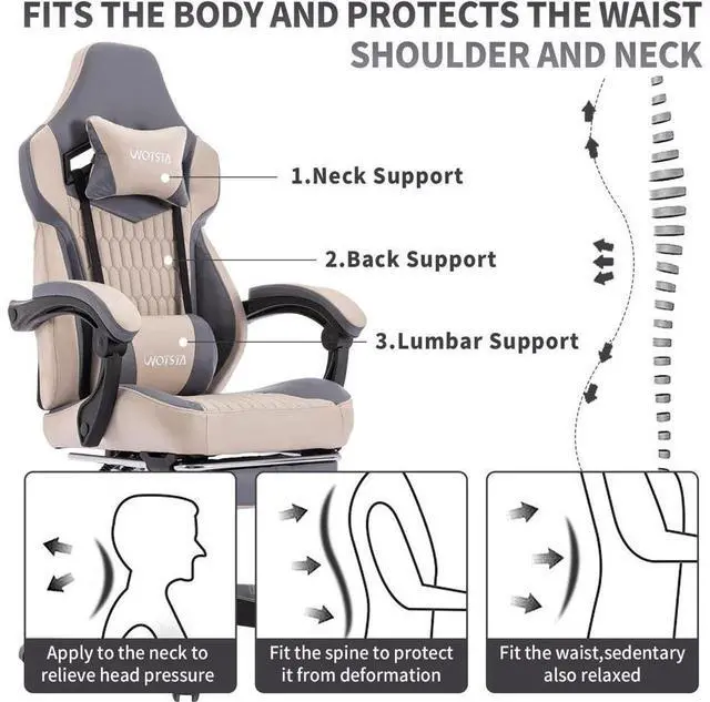 Alt view image 3 of 7 - Gaming Chair with Footrest,High Back Gaming Chairs PVC Leather Ergonomic Office Gamer Chair Adjustable Headrest Lumbar Support Racing Style Video Gaming Chair for Office/Home (Grey)