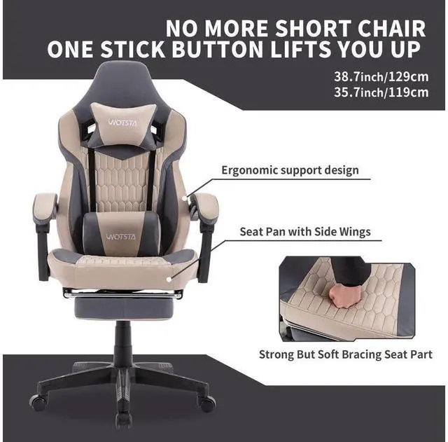 Alt view image 6 of 7 - Gaming Chair with Footrest,High Back Gaming Chairs PVC Leather Ergonomic Office Gamer Chair Adjustable Headrest Lumbar Support Racing Style Video Gaming Chair for Office/Home (Grey)