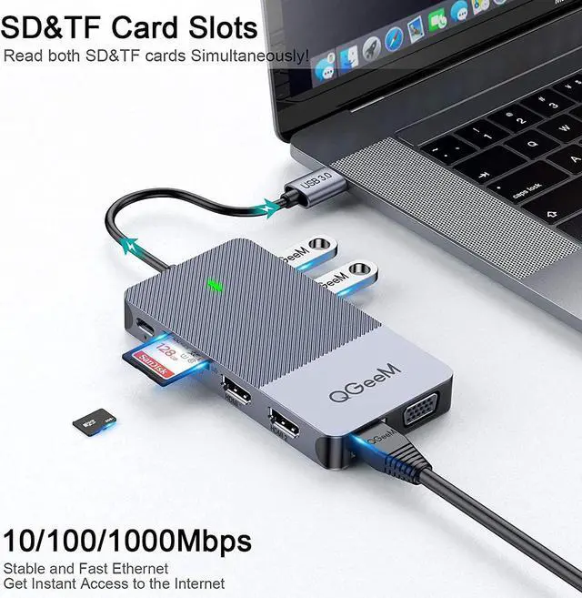 Alt view image 4 of 7 - QGeeM USB 3.0 Docking Station, Triple Display USB Hub Dual HDMI VGA Adapter, Portable Laptop USB C Dock to Dual Monitor Compatible with MacBook and Windows (Grey)