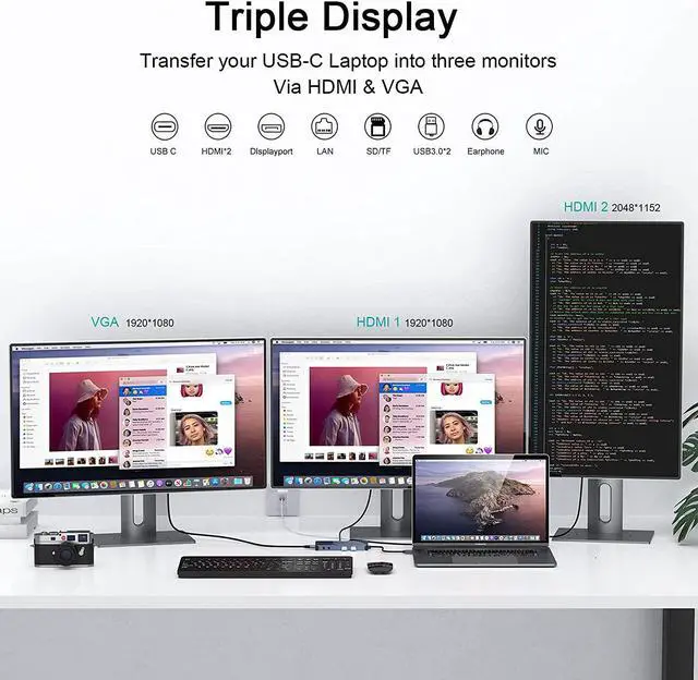 Alt view image 3 of 7 - QGeeM USB 3.0 Docking Station, Triple Display USB Hub Dual HDMI VGA Adapter, Portable Laptop USB C Dock to Dual Monitor Compatible with MacBook and Windows (Grey)