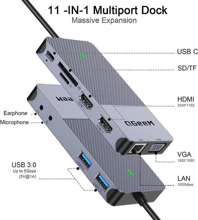 Alt view image 2 of 7 - QGeeM USB 3.0 Docking Station, Triple Display USB Hub Dual HDMI VGA Adapter, Portable Laptop USB C Dock to Dual Monitor Compatible with MacBook and Windows (Grey)