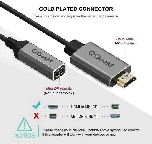 Alt view image 2 of 7 - HDMI to Mini DisplayPort,QGeeM 4K x 2K HDMI Male to Mini DP Female Adapter Converter for HDMI Equipped Systems,Compatible with VESA Dual Mode DisplayPort 1.2,HDMI 1.4