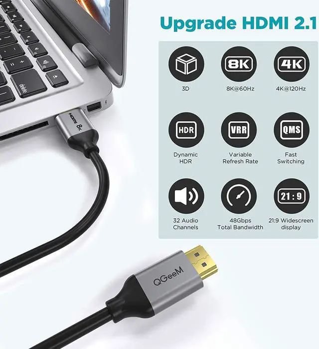 Alt view image 4 of 7 - HDMI Cable 8K 6FT,QGeeM 48Gbps Ultra High Speed HDMI Cord,Compatible with Apple TV,Roku,Samsung QLED,Sony LG,Nintendo Switch,Playstation,PS5,PS4,Xbox One Series X,HDMI 8k Ultra HD Cable