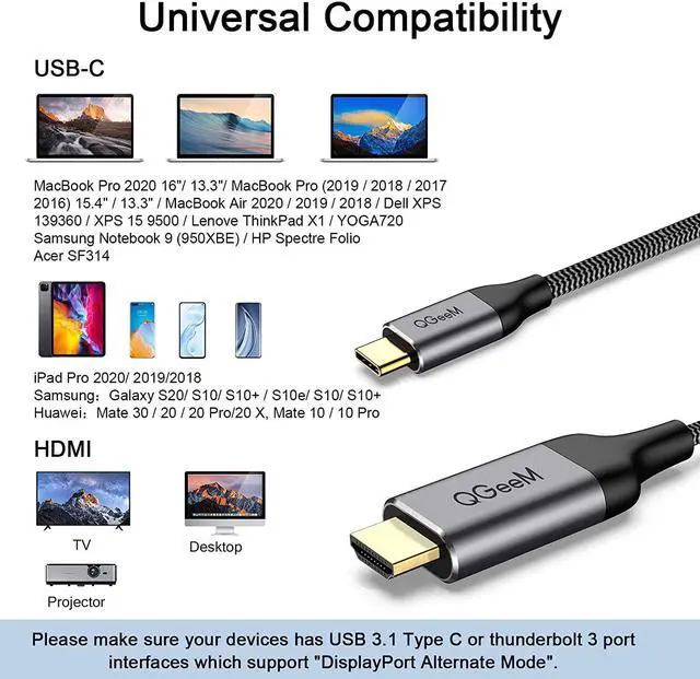 Alt view image 4 of 7 - QGeeM USB C to HDMI Cable Adapter,QGeeM 4ft Braided 4K@60Hz Cable Adapter(Thunderbolt 3 Compatible) Compatible with iPad Pro,MacBook Pro 2018 iMac, Pixel,Galaxy S9 Note9 S8 Surface Book hdmi USB-c