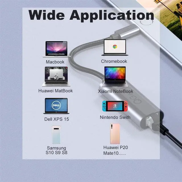 Alt view image 6 of 6 - QGeeM USB C to Ethernet Adapter RJ45 to Thunderbolt 3 Type C Gigabit Network LAN 1000Mbps Converter Compatible with MacBook Pro Air iPad Pro Surface Book Chromebook Dell XPS Galaxy S20 S10, and More