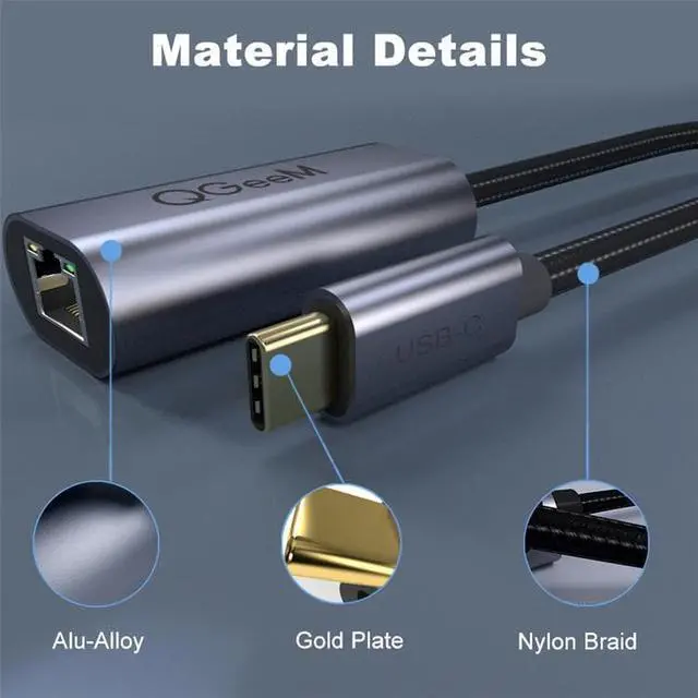 Alt view image 4 of 6 - QGeeM USB C to Ethernet Adapter RJ45 to Thunderbolt 3 Type C Gigabit Network LAN 1000Mbps Converter Compatible with MacBook Pro Air iPad Pro Surface Book Chromebook Dell XPS Galaxy S20 S10, and More