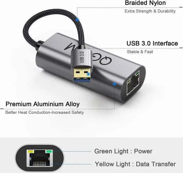 Alt view image 7 of 7 - QGeeM USB Ethernet Adapter Aluminum USB 3.0 to Network Gigabit RJ45 LAN 10 100 1000 Mbps Adapter Converter Compatible for Nintendo Switch MacBook Mac Pro Mini iMac XPS Surface Pro Notebook PC