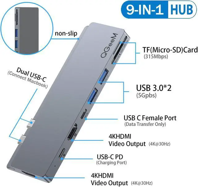 Alt view image 6 of 7 - QGeeM Dual display 4K MST Mode 8 In 1 Usb C adapter Type C Hubs with SD 4.0 UHS-II card reader for MacBook Pro