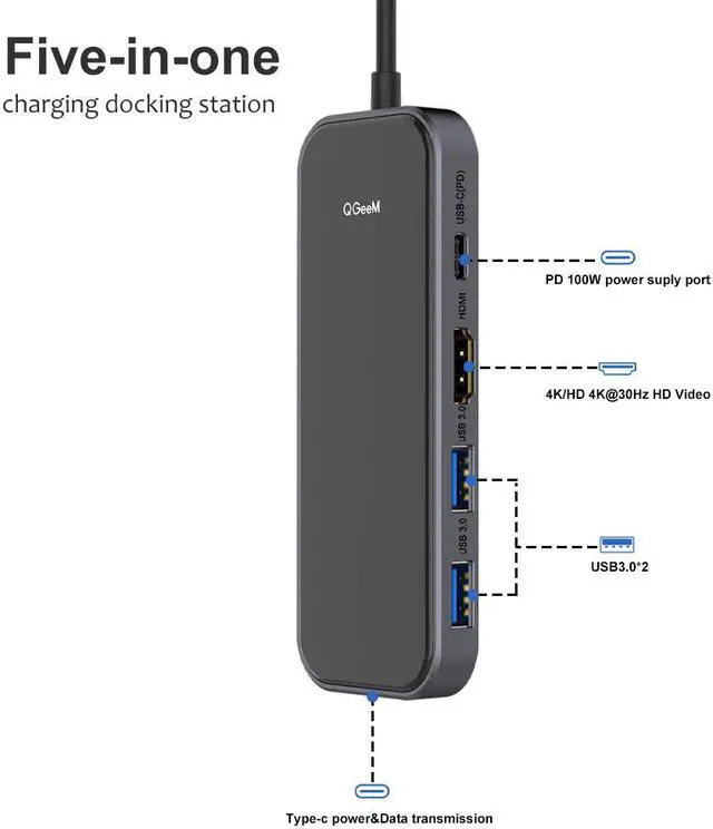 Alt view image 7 of 7 - USB C HUB ,Type C HUB Adapter,QGeeM 5 in 1 USB C to HDMI docking station with 4K USB C to 100W PD Charger cable compatible with MacBook Pro
