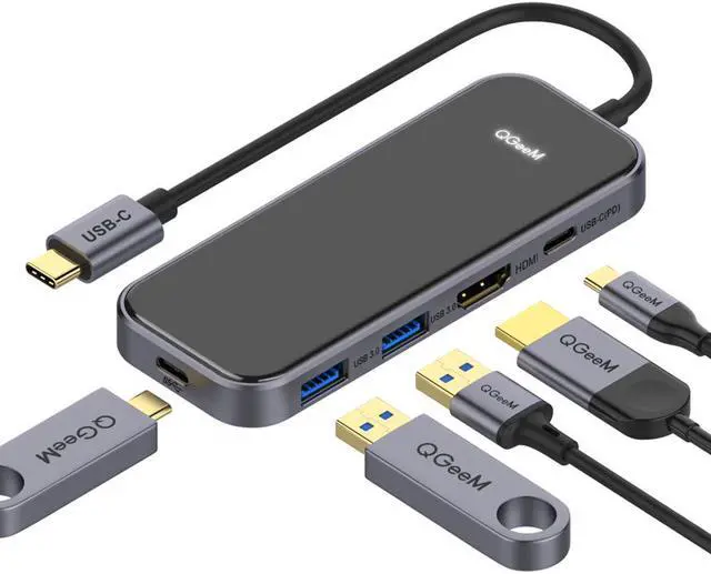 Main image of USB C HUB ,Type C HUB Adapter,QGeeM 5 in 1 USB C to HDMI docking station with 4K USB C to 100W PD Charger cable compatible with MacBook Pro