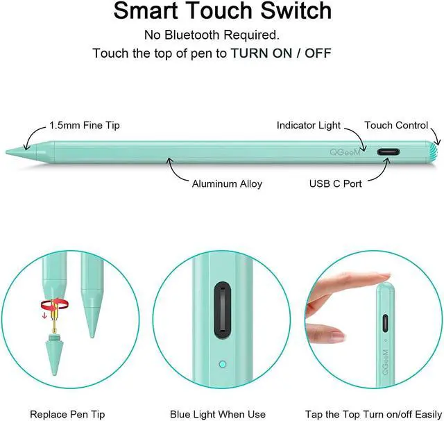 Alt view image 5 of 7 - Stylus Pen for iPad with Palm Rejection, QGeeM iPad Pencil Compatible with (2018-2020) Apple iPad Pro (11/12.9 Inch),iPad 6th/7th/8th Gen,iPad Mini 5th Gen,iPad Air 3rd/4th Gen(Red) Green