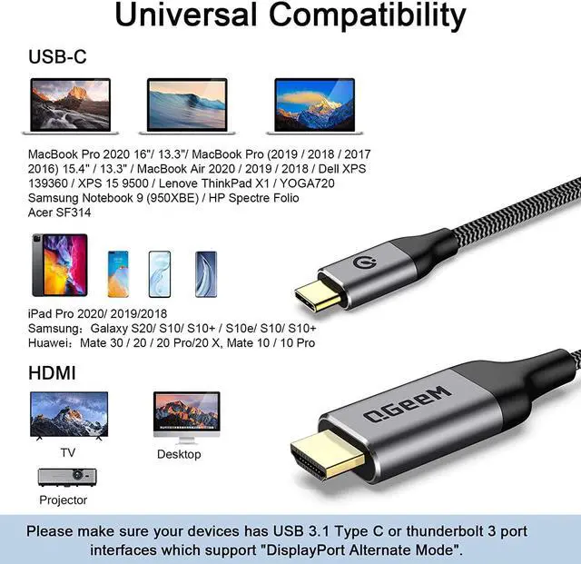 Alt view image 3 of 7 - QGeeM USB C to HDMI Cable Adapter,QGeeM ft Braided 4K@60Hz Cable Adapter(Thunderbolt 3 Compatible) Compatible with iPad Pro,MacBook Pro 2018 iMac, Pixel,Galaxy S9 Note9 S8 Surface Book hdmi USB-c