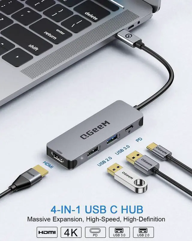 Alt view image 2 of 7 - USB C Hub, QGeeM 4-in-1 USB C Adapter with 4K USB C to HDMI Hub,100W Power Delivery,USB 3.0,Thunderbolt 3 Multiport Hub
