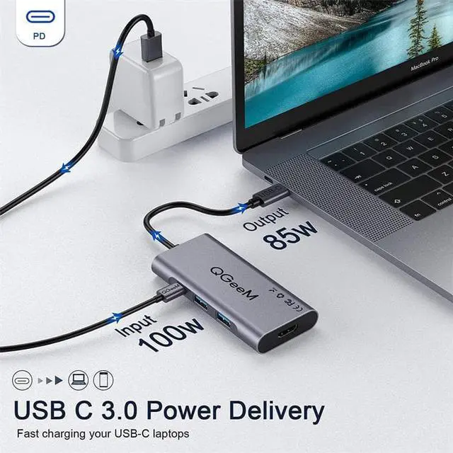 Alt view image 5 of 7 - QGeeM 7 in 1 Type C Hub to HDMI 4k@30Hz,3 USB 3.0 Ports,100W Power Delivery,SD/TF Card Readers