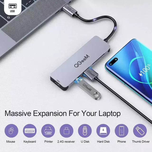 Alt view image 4 of 7 - USB C Hub, QGEEM 5 in1 USB C to HDMI Adapter, Thunderbolt 3 USBc HDMI Card Reader Compatible with MacBook Pro, Surface Pro/Go,IPad pro,XPS 13,DEX Adapter and Other Type C Laptops