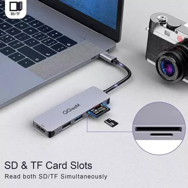 Alt view image 2 of 7 - USB C Hub, QGEEM 5 in1 USB C to HDMI Adapter, Thunderbolt 3 USBc HDMI Card Reader Compatible with MacBook Pro, Surface Pro/Go,IPad pro,XPS 13,DEX Adapter and Other Type C Laptops