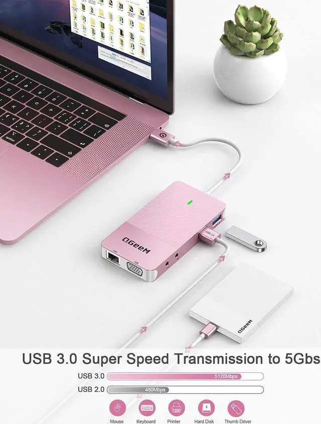Alt view image 3 of 7 - QGeeM USB 3.0 Docking Station, Triple Display USB Hub Dual HDMI VGA Adapter, Portable Laptop USB C Dock to Dual Monitor Compatible with MacBook and Windows (Pink)