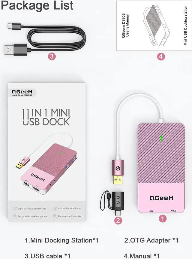 Alt view image 7 of 7 - QGeeM USB 3.0 Docking Station, Triple Display USB Hub Dual HDMI VGA Adapter, Portable Laptop USB C Dock to Dual Monitor Compatible with MacBook and Windows (Pink)