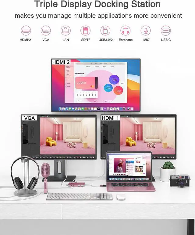 Alt view image 5 of 7 - QGeeM USB 3.0 Docking Station, Triple Display USB Hub Dual HDMI VGA Adapter, Portable Laptop USB C Dock to Dual Monitor Compatible with MacBook and Windows (Pink)