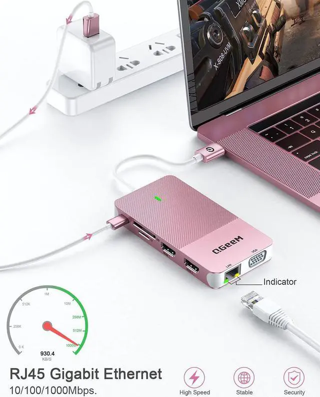 Alt view image 4 of 7 - QGeeM USB 3.0 Docking Station, Triple Display USB Hub Dual HDMI VGA Adapter, Portable Laptop USB C Dock to Dual Monitor Compatible with MacBook and Windows (Pink)