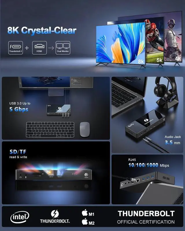 Alt view image 5 of 7 - Thunderbolt 4 Dock, IVIIN Thunderbolt 4 Docking Station Dual Monitor 4K or Single 8K@60Hz, 16-in-1 Thunderbolt 4 Hub with 85W Charging USB C Laptop Compatible with MacBook Dell Hp, Thunderbolt 3 Dock