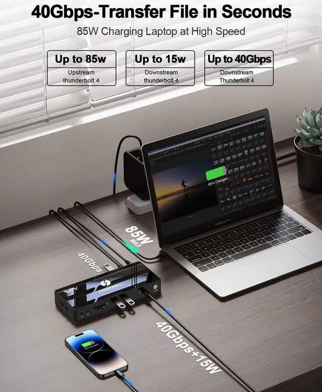 Alt view image 4 of 7 - Thunderbolt 4 Dock, IVIIN Thunderbolt 4 Docking Station Dual Monitor 4K or Single 8K@60Hz, 16-in-1 Thunderbolt 4 Hub with 85W Charging USB C Laptop Compatible with MacBook Dell Hp, Thunderbolt 3 Dock