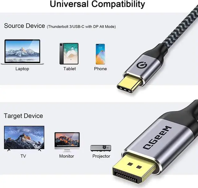 Alt view image 6 of 6 - QGEEM USB C to DisplayPort 1.4 Cable 8K@60Hz Thunderbolt 4/3 to DisplayPort Cord Compatible iPhone 15, MacBook Pro/Air, iPad, Mac Mini, Galaxy