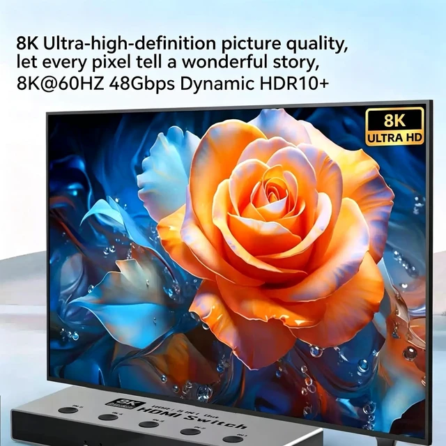 Alt view image 2 of 7 - 8K HDMI 2.1 Switch, HDMI 2.1 Switcher 7 In 1 Out Supports CEC 8K@60Hz, 4K@240Hz, 1080P@480Hz HDCP 2.3 HDR Dolby Atmos VRR Compatible with PS5 Xbox Blu-Ray Player with IR remote controller-EX41-A-0-BK