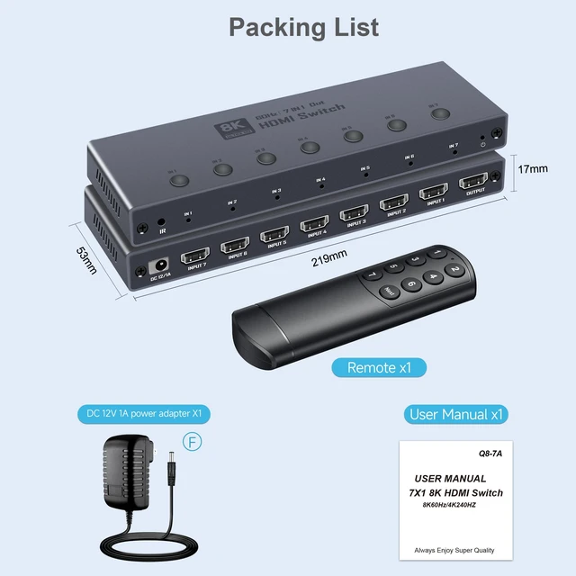 Alt view image 7 of 7 - 8K HDMI 2.1 Switch, HDMI 2.1 Switcher 7 In 1 Out Supports CEC 8K@60Hz, 4K@240Hz, 1080P@480Hz HDCP 2.3 HDR Dolby Atmos VRR Compatible with PS5 Xbox Blu-Ray Player with IR remote controller-EX41-A-0-BK