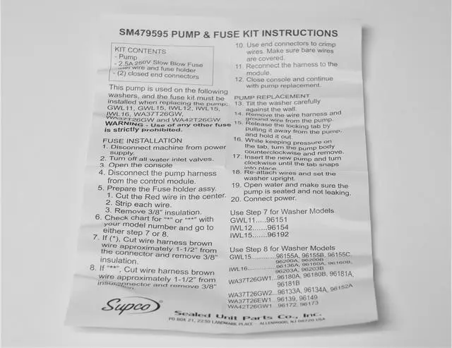 Alt view image 7 of 7 - Pump and Fuser Kit for 479595 Fisher Paykel Washing Machine 479595-BB13