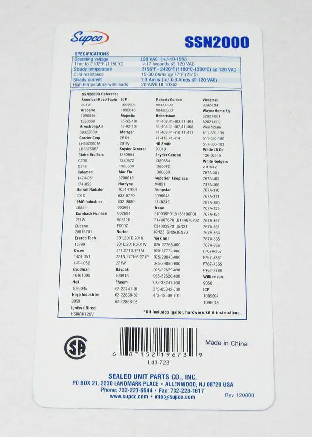 Alt view image 3 of 9 - SUPCO SSN2000 Hot Surface igniter, LP/NG, 120, 3 1/4 in L., 1 PK