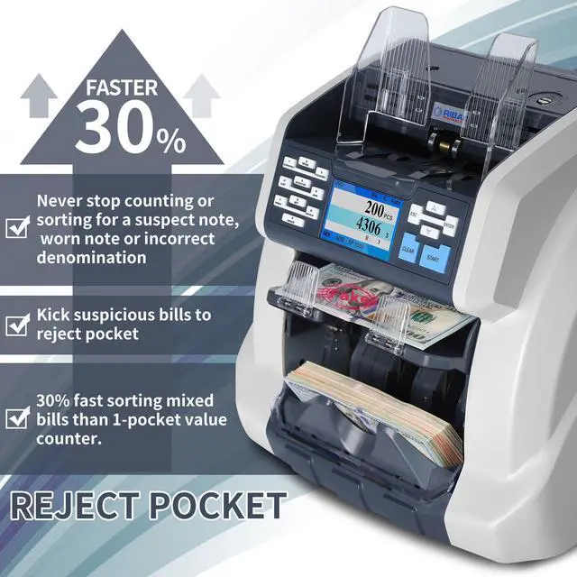 Alt view image 2 of 14 - Ribao BCS-160 Two-Pocket Mixed Denomination Money Counter, 2 Year Warranty, Bank Grade Counterfeit Detection Serial Number Record Multi Currency Cash Bill Counter & Sorter