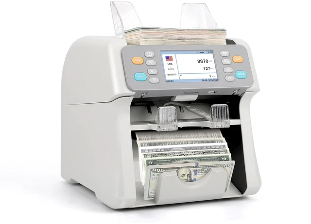Main image of RIBAO MC-165 Two-Pocket Mixed Denomination Money Counter Machine, Value Counting, White Bill Counter Multi Currency, CIS/UV/MG/IR Counterfeit Detection for Business