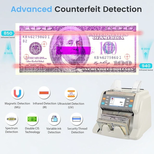 Alt view image 2 of 7 - RIBAO MC-50 Premium Bank Grade Money Counter Machine Multi Currency Mixed Denomination Bill Cash Value Counter 2 CIS/UV/MG/MT/IR Serial Number Recording