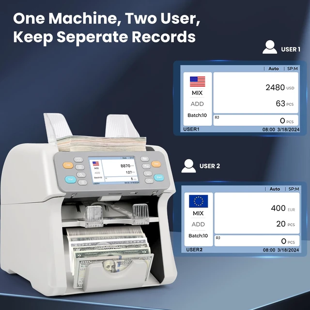 Alt view image 3 of 7 - RIBAO MC-165 Two-Pocket Mixed Denomination Money Counter Machine, Value Counting, White Bill Counter Multi Currency, CIS/UV/MG/IR Counterfeit Detection for Business
