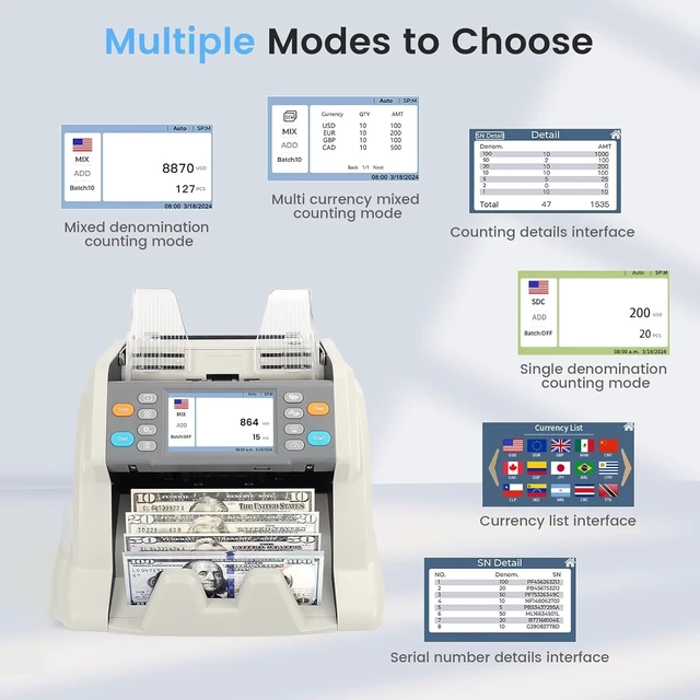 Alt view image 3 of 7 - RIBAO MC-50 Premium Bank Grade Money Counter Machine Multi Currency Mixed Denomination Bill Cash Value Counter 2 CIS/UV/MG/MT/IR Serial Number Recording