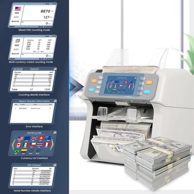 Alt view image 4 of 7 - RIBAO MC-165 Two-Pocket Mixed Denomination Money Counter Machine, Value Counting, White Bill Counter Multi Currency, CIS/UV/MG/IR Counterfeit Detection for Business