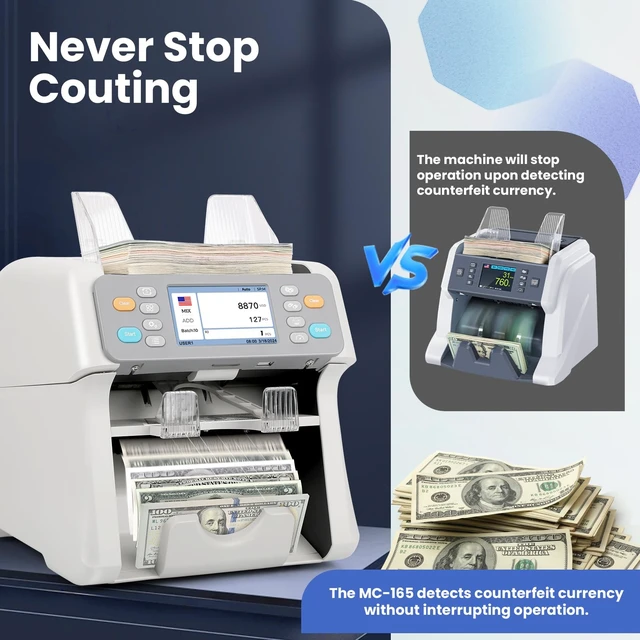 Alt view image 5 of 7 - RIBAO MC-165 Two-Pocket Mixed Denomination Money Counter Machine, Value Counting, White Bill Counter Multi Currency, CIS/UV/MG/IR Counterfeit Detection for Business