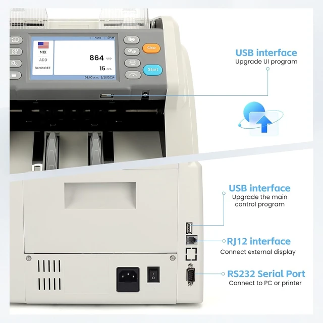 Alt view image 6 of 7 - RIBAO MC-50 Premium Bank Grade Money Counter Machine Multi Currency Mixed Denomination Bill Cash Value Counter 2 CIS/UV/MG/MT/IR Serial Number Recording