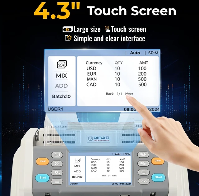 Alt view image 4 of 7 - RIBAO MC-40 Mixed Denomination Money Counter, Business Grade Cash Counting Machine, CIS/UV/MT Counterfeit Detection, Muti Currency Bill Counter Printer Compatible Value Count