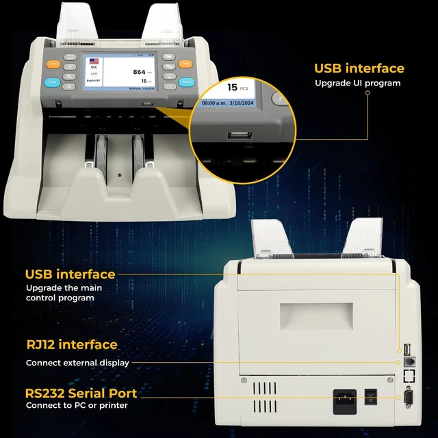Alt view image 6 of 7 - RIBAO MC-40 Mixed Denomination Money Counter, Business Grade Cash Counting Machine, CIS/UV/MT Counterfeit Detection, Muti Currency Bill Counter Printer Compatible Value Count