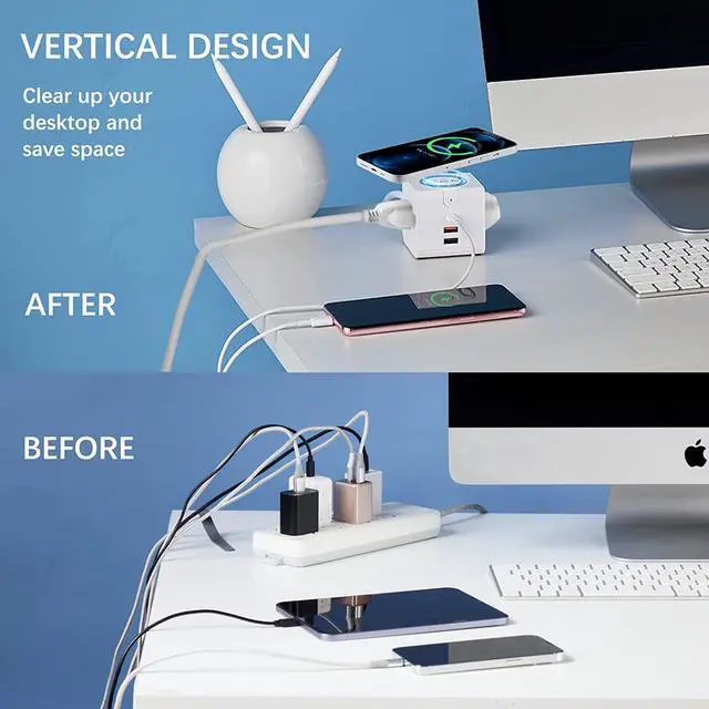 Alt view image 5 of 6 - USB C Power Strip with PD 20W, Surge Protector with 15W Wireless Charger Power Delivery Fast Charging Station for Office Travel Home, 1 USB-PD Port 2 USB-A Port 2 AC Outlets 5FT Cord 10A, KingTSYU