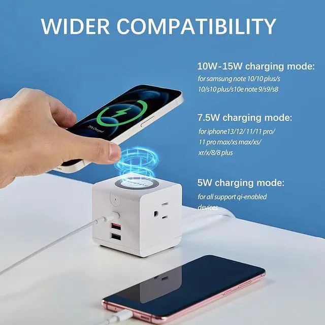 Alt view image 3 of 6 - USB C Power Strip with PD 20W, Surge Protector with 15W Wireless Charger Power Delivery Fast Charging Station for Office Travel Home, 1 USB-PD Port 2 USB-A Port 2 AC Outlets 5FT Cord 10A, KingTSYU