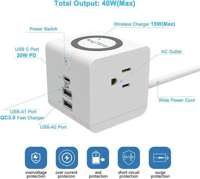 Alt view image 6 of 6 - USB C Power Strip with PD 20W, Surge Protector with 15W Wireless Charger Power Delivery Fast Charging Station for Office Travel Home, 1 USB-PD Port 2 USB-A Port 2 AC Outlets 5FT Cord 10A, KingTSYU